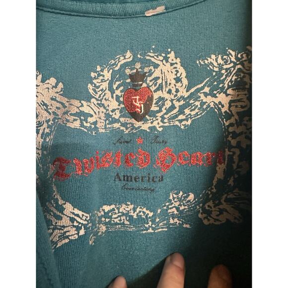 90’s Y2K Twisted Heart Teal Hooded Velour Floral Rhinestone Jacket Women’s Sz S - Picture 3 of 7